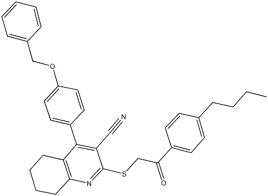 4-[4-(benzyloxy)phenyl]-2-{[2-(4-butylphenyl)-2-oxoethyl]sulfanyl}-5,6,7,8-tetrahydro-3-quinolinecarbonitrile Struktur