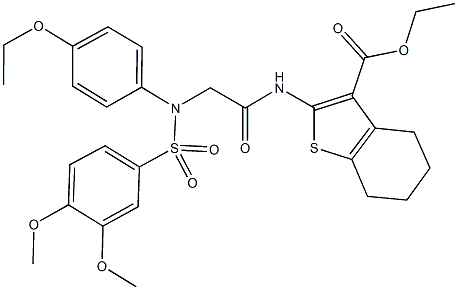 ethyl 2-[({[(3,4-dimethoxyphenyl)sulfonyl]-4-ethoxyanilino}acetyl)amino]-4,5,6,7-tetrahydro-1-benzothiophene-3-carboxylate Struktur