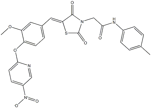 2-{5-[4-({5-nitro-2-pyridinyl}oxy)-3-methoxybenzylidene]-2,4-dioxo-1,3-thiazolidin-3-yl}-N-(4-methylphenyl)acetamide Struktur