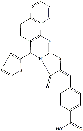 4-[(9-oxo-7-(2-thienyl)-5,7-dihydro-6H-benzo[h][1,3]thiazolo[2,3-b]quinazolin-10(9H)-ylidene)methyl]benzoic acid Struktur