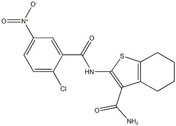 2-({2-chloro-5-nitrobenzoyl}amino)-4,5,6,7-tetrahydro-1-benzothiophene-3-carboxamide Struktur