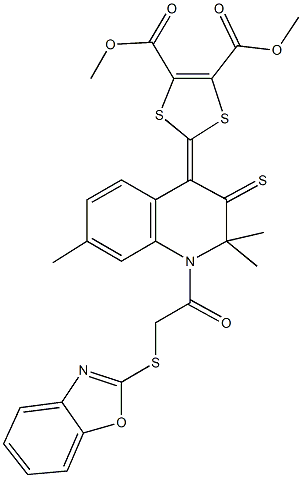 dimethyl 2-(1-[(1,3-benzoxazol-2-ylsulfanyl)acetyl]-2,2,7-trimethyl-3-thioxo-2,3-dihydro-4(1H)-quinolinylidene)-1,3-dithiole-4,5-dicarboxylate Struktur