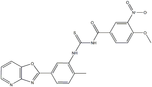 N-{3-nitro-4-methoxybenzoyl}-N'-(2-methyl-5-[1,3]oxazolo[4,5-b]pyridin-2-ylphenyl)thiourea Struktur