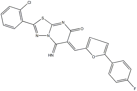 2-(2-chlorophenyl)-6-{[5-(4-fluorophenyl)-2-furyl]methylene}-5-imino-5,6-dihydro-7H-[1,3,4]thiadiazolo[3,2-a]pyrimidin-7-one Struktur