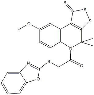 5-[(1,3-benzoxazol-2-ylsulfanyl)acetyl]-8-methoxy-4,4-dimethyl-4,5-dihydro-1H-[1,2]dithiolo[3,4-c]quinoline-1-thione Struktur