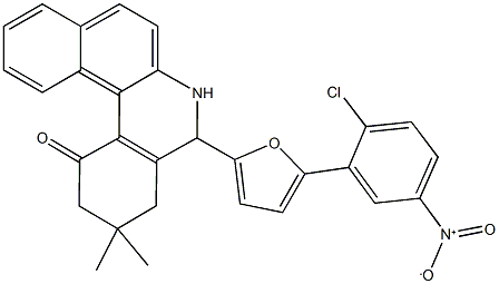 5-(5-{2-chloro-5-nitrophenyl}-2-furyl)-3,3-dimethyl-3,4,5,6-tetrahydrobenzo[a]phenanthridin-1(2H)-one Struktur