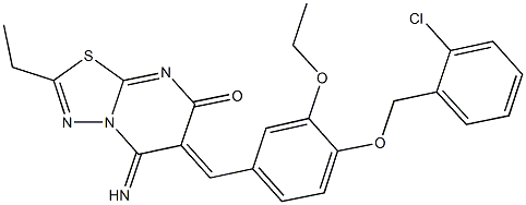 6-{4-[(2-chlorobenzyl)oxy]-3-ethoxybenzylidene}-2-ethyl-5-imino-5,6-dihydro-7H-[1,3,4]thiadiazolo[3,2-a]pyrimidin-7-one Struktur