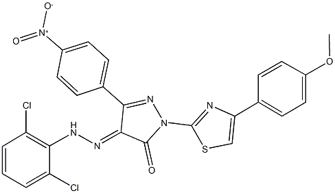 3-{4-nitrophenyl}-1-[4-(4-methoxyphenyl)-1,3-thiazol-2-yl]-1H-pyrazole-4,5-dione 4-[(2,6-dichlorophenyl)hydrazone] Struktur