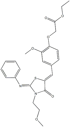 ethyl (2-methoxy-4-{[3-(2-methoxyethyl)-4-oxo-2-(phenylimino)-1,3-thiazolidin-5-ylidene]methyl}phenoxy)acetate Struktur