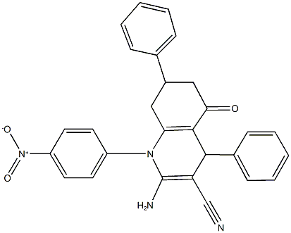 2-amino-1-{4-nitrophenyl}-5-oxo-4,7-diphenyl-1,4,5,6,7,8-hexahydroquinoline-3-carbonitrile Struktur