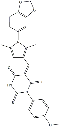 5-{[1-(1,3-benzodioxol-5-yl)-2,5-dimethyl-1H-pyrrol-3-yl]methylene}-1-(4-methoxyphenyl)-2-thioxodihydro-4,6(1H,5H)-pyrimidinedione Struktur