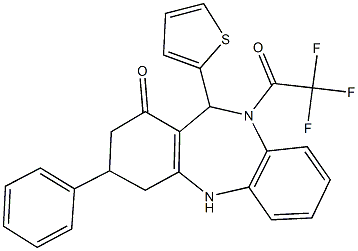 3-phenyl-11-(2-thienyl)-10-(trifluoroacetyl)-2,3,4,5,10,11-hexahydro-1H-dibenzo[b,e][1,4]diazepin-1-one Struktur