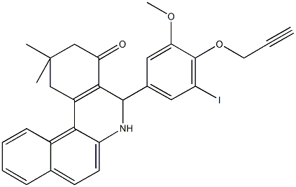 5-[3-iodo-5-methoxy-4-(2-propynyloxy)phenyl]-2,2-dimethyl-2,3,5,6-tetrahydrobenzo[a]phenanthridin-4(1H)-one Struktur