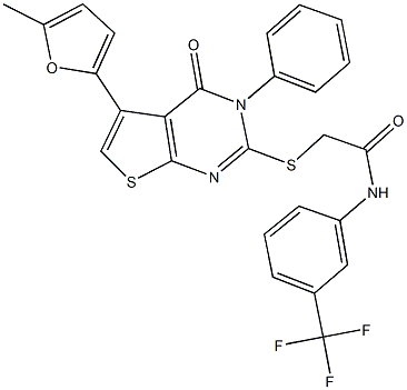 2-{[5-(5-methyl-2-furyl)-4-oxo-3-phenyl-3,4-dihydrothieno[2,3-d]pyrimidin-2-yl]sulfanyl}-N-[3-(trifluoromethyl)phenyl]acetamide Struktur