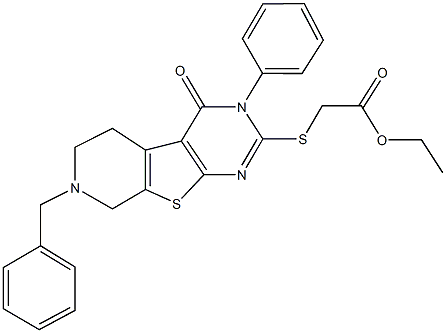 ethyl [(7-benzyl-4-oxo-3-phenyl-3,4,5,6,7,8-hexahydropyrido[4',3':4,5]thieno[2,3-d]pyrimidin-2-yl)sulfanyl]acetate Struktur