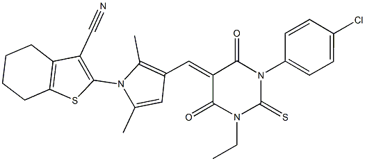 2-{3-[(1-(4-chlorophenyl)-3-ethyl-4,6-dioxo-2-thioxotetrahydro-5(2H)-pyrimidinylidene)methyl]-2,5-dimethyl-1H-pyrrol-1-yl}-4,5,6,7-tetrahydro-1-benzothiophene-3-carbonitrile Struktur