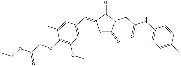 ethyl [4-({2,4-dioxo-3-[2-oxo-2-(4-toluidino)ethyl]-1,3-thiazolidin-5-ylidene}methyl)-2-iodo-6-methoxyphenoxy]acetate Struktur