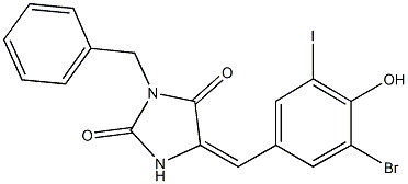 3-benzyl-5-(3-bromo-4-hydroxy-5-iodobenzylidene)-2,4-imidazolidinedione Struktur