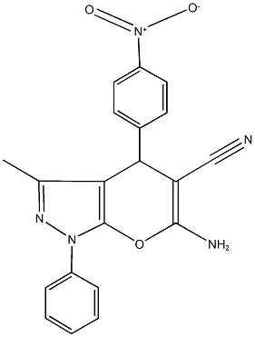 6-amino-4-{4-nitrophenyl}-3-methyl-1-phenyl-1,4-dihydropyrano[2,3-c]pyrazole-5-carbonitrile Struktur