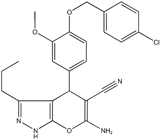 6-amino-4-{4-[(4-chlorobenzyl)oxy]-3-methoxyphenyl}-3-propyl-1,4-dihydropyrano[2,3-c]pyrazole-5-carbonitrile Struktur