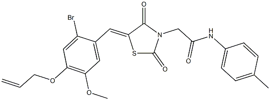 2-{5-[4-(allyloxy)-2-bromo-5-methoxybenzylidene]-2,4-dioxo-1,3-thiazolidin-3-yl}-N-(4-methylphenyl)acetamide Struktur