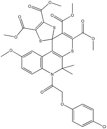 tetramethyl 6'-[(4-chlorophenoxy)acetyl]-9'-methoxy-5',5'-dimethyl-5',6'-dihydrospiro{1,3-dithiole-2,1'-(1'H)-thiopyrano[2,3-c]quinoline}-2',3',4,5-tetracarboxylate Struktur