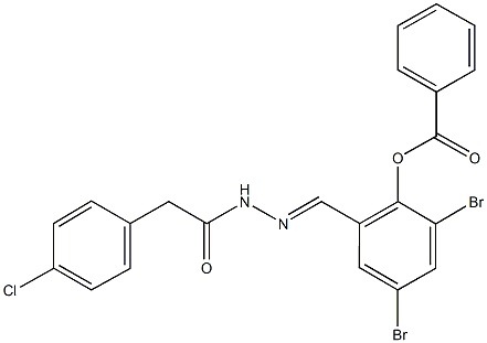 2,4-dibromo-6-{2-[(4-chlorophenyl)acetyl]carbohydrazonoyl}phenyl benzoate Struktur