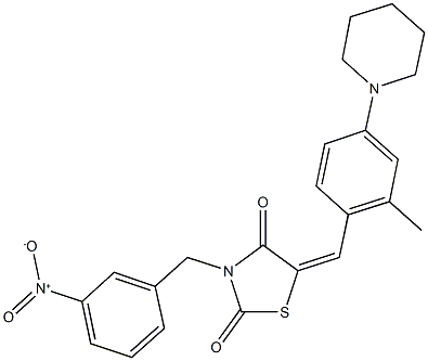 3-{3-nitrobenzyl}-5-[2-methyl-4-(1-piperidinyl)benzylidene]-1,3-thiazolidine-2,4-dione Struktur