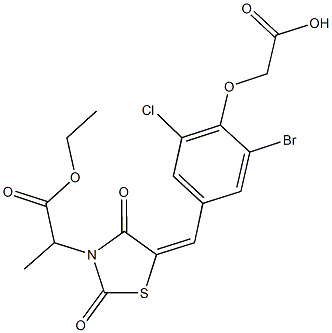 (2-bromo-6-chloro-4-{[3-(2-ethoxy-1-methyl-2-oxoethyl)-2,4-dioxo-1,3-thiazolidin-5-ylidene]methyl}phenoxy)acetic acid Struktur