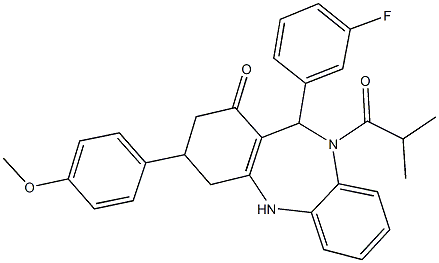 11-(3-fluorophenyl)-10-isobutyryl-3-(4-methoxyphenyl)-2,3,4,5,10,11-hexahydro-1H-dibenzo[b,e][1,4]diazepin-1-one Struktur