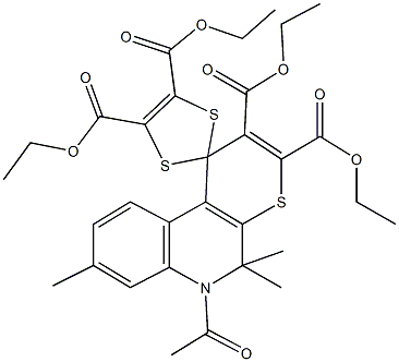 tetraethyl 6'-acetyl-5',5',8'-trimethyl-5',6'-dihydrospiro[1,3-dithiole-2,1'-(1'H)-thiopyrano[2,3-c]quinoline]-2',3',4,5-tetracarboxylate Struktur