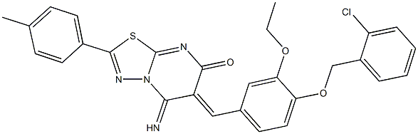 6-{4-[(2-chlorobenzyl)oxy]-3-ethoxybenzylidene}-5-imino-2-(4-methylphenyl)-5,6-dihydro-7H-[1,3,4]thiadiazolo[3,2-a]pyrimidin-7-one Struktur