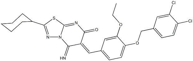 2-cyclohexyl-6-{4-[(3,4-dichlorobenzyl)oxy]-3-ethoxybenzylidene}-5-imino-5,6-dihydro-7H-[1,3,4]thiadiazolo[3,2-a]pyrimidin-7-one Struktur