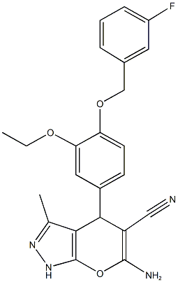 6-amino-4-{3-ethoxy-4-[(3-fluorobenzyl)oxy]phenyl}-3-methyl-1,4-dihydropyrano[2,3-c]pyrazole-5-carbonitrile Struktur