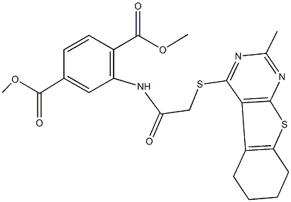 dimethyl 2-({[(2-methyl-5,6,7,8-tetrahydro[1]benzothieno[2,3-d]pyrimidin-4-yl)sulfanyl]acetyl}amino)terephthalate Struktur