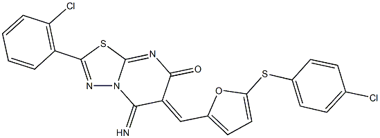 2-(2-chlorophenyl)-6-({5-[(4-chlorophenyl)sulfanyl]-2-furyl}methylene)-5-imino-5,6-dihydro-7H-[1,3,4]thiadiazolo[3,2-a]pyrimidin-7-one Struktur