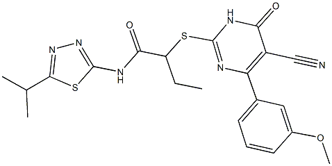 2-{[5-cyano-4-(3-methoxyphenyl)-6-oxo-1,6-dihydro-2-pyrimidinyl]sulfanyl}-N-(5-isopropyl-1,3,4-thiadiazol-2-yl)butanamide Struktur