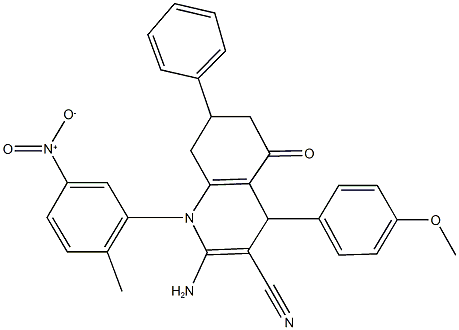 2-amino-1-{5-nitro-2-methylphenyl}-4-(4-methoxyphenyl)-5-oxo-7-phenyl-1,4,5,6,7,8-hexahydroquinoline-3-carbonitrile Struktur