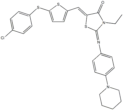 5-({5-[(4-chlorophenyl)sulfanyl]thien-2-yl}methylene)-3-ethyl-2-[(4-piperidin-1-ylphenyl)imino]-1,3-thiazolidin-4-one Struktur