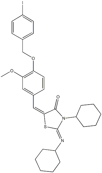 3-cyclohexyl-2-(cyclohexylimino)-5-{4-[(4-iodobenzyl)oxy]-3-methoxybenzylidene}-1,3-thiazolidin-4-one Struktur