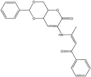 7-[(1-methyl-3-oxo-3-phenyl-1-propenyl)amino]-2-phenyl-4a,8a-dihydropyrano[3,2-d][1,3]dioxin-6(4H)-one Struktur