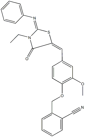 2-[(4-{[3-ethyl-4-oxo-2-(phenylimino)-1,3-thiazolidin-5-ylidene]methyl}-2-methoxyphenoxy)methyl]benzonitrile Struktur