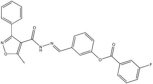 3-{2-[(5-methyl-3-phenyl-4-isoxazolyl)carbonyl]carbohydrazonoyl}phenyl 3-fluorobenzoate Struktur