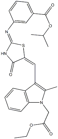 isopropyl 3-[(5-{[1-(2-ethoxy-2-oxoethyl)-2-methyl-1H-indol-3-yl]methylene}-4-oxo-1,3-thiazolidin-2-ylidene)amino]benzoate Struktur