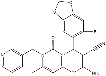 2-amino-4-(6-bromo-1,3-benzodioxol-5-yl)-7-methyl-5-oxo-6-(3-pyridinylmethyl)-5,6-dihydro-4H-pyrano[3,2-c]pyridine-3-carbonitrile Struktur