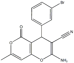 2-amino-4-(3-bromophenyl)-7-methyl-5-oxo-4H,5H-pyrano[4,3-b]pyran-3-carbonitrile Struktur