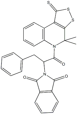 2-[1-benzyl-2-(4,4-dimethyl-1-thioxo-1,4-dihydro-5H-[1,2]dithiolo[3,4-c]quinolin-5-yl)-2-oxoethyl]-1H-isoindole-1,3(2H)-dione Struktur