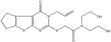 2-[(3-allyl-4-oxo-3,5,6,7-tetrahydro-4H-cyclopenta[4,5]thieno[2,3-d]pyrimidin-2-yl)sulfanyl]-N,N-bis(2-hydroxyethyl)acetamide Struktur