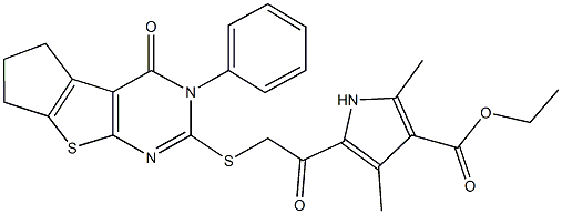 ethyl 2,4-dimethyl-5-{[(4-oxo-3-phenyl-3,5,6,7-tetrahydro-4H-cyclopenta[4,5]thieno[2,3-d]pyrimidin-2-yl)sulfanyl]acetyl}-1H-pyrrole-3-carboxylate Struktur