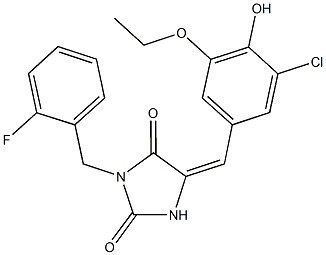 5-(3-chloro-5-ethoxy-4-hydroxybenzylidene)-3-(2-fluorobenzyl)-2,4-imidazolidinedione Struktur